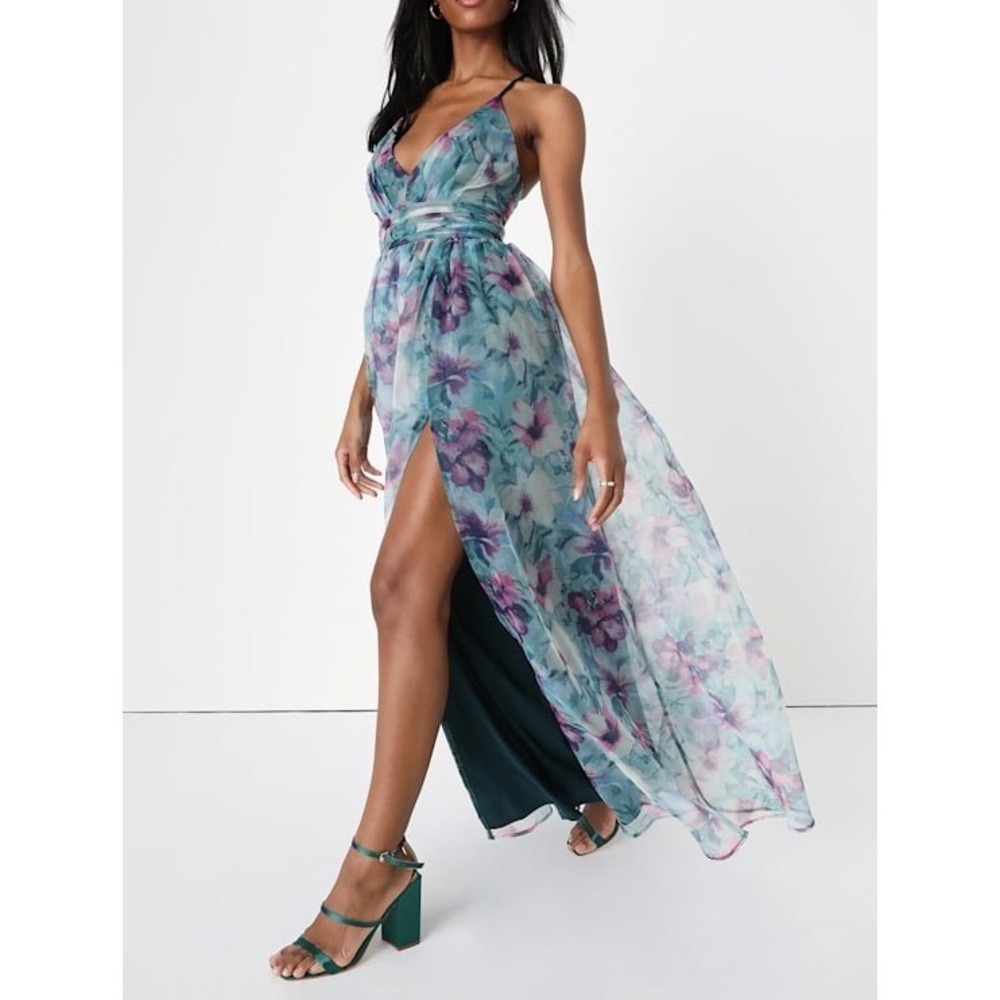 NWT Lulus Romance That Wows Dark Teal Floral Print Organza Maxi‎ Dress XL